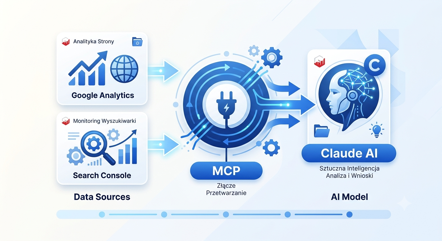 Schemat pipeline: Google Analytics i Search Console jako źródła danych, połączone przez MCP z modelem Claude AI do analizy i raportowania