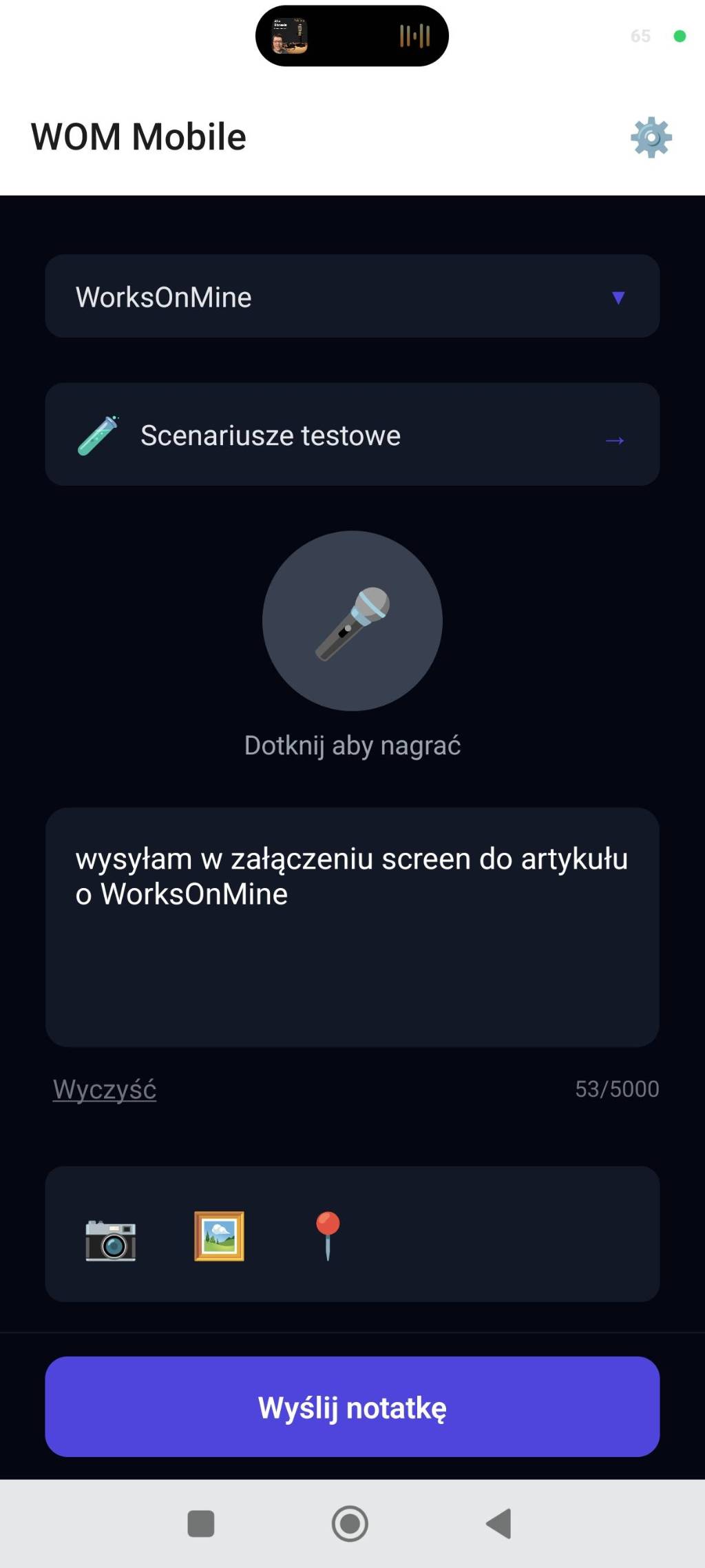 Aplikacja mobilna WorksOnMine — ekran nagrywania notatki głosowej, która trafia bezpośrednio do Kanboard