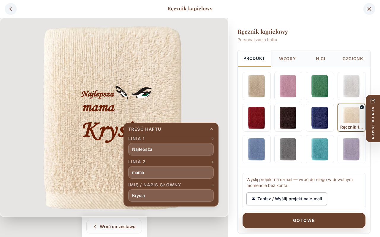 Kreator haftu — widok desktop: panel konfiguracji tekstu i wzoru z podglądem SVG na żywo